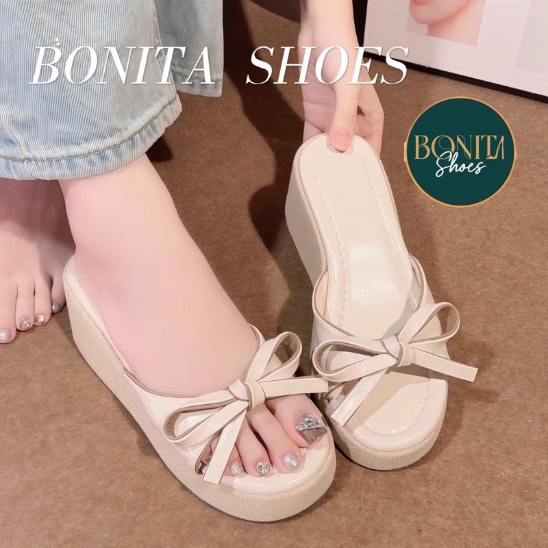 BMC28 Dép xuồng nữ Bonita Shoes quai eo nơ thắt đế giả cối cao 7 cm - NS2