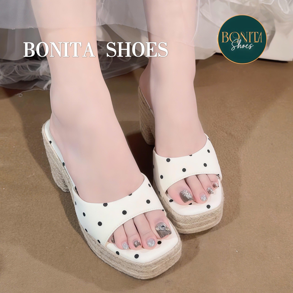 D145 Dép xuồng nữ đế cối Bonita Shoes eo L quai ngang CHẤM BI cao 8cm - NS1