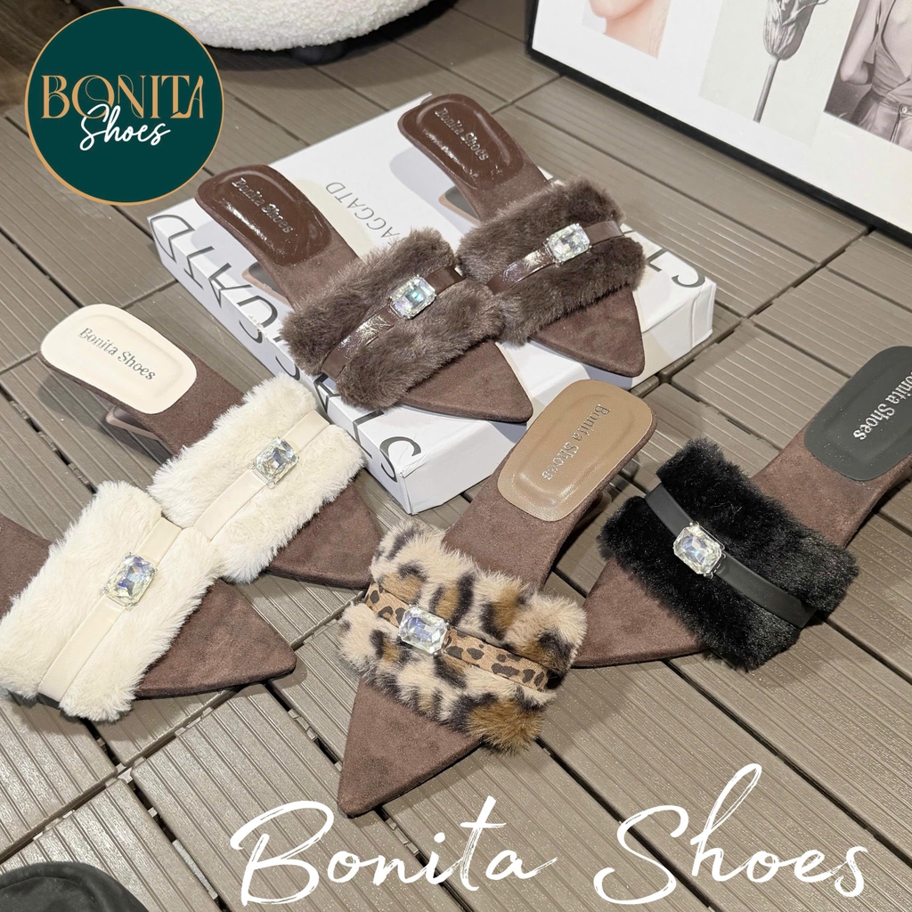 G800 Cao gót nữ Bonita Shoes mũi nhọn quai lông HỘT ĐÁ - NS12