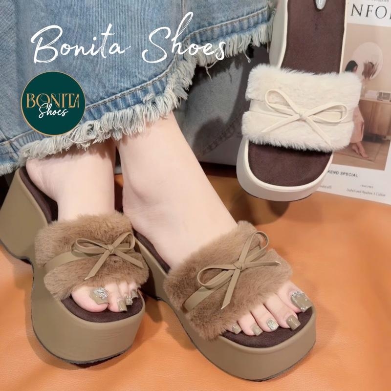 BM266 Dép xuồng nữ Bonita Shoes quai bản LÔNG MỀM phối quai ngang nơ nhí cao 7 cm -  NS1