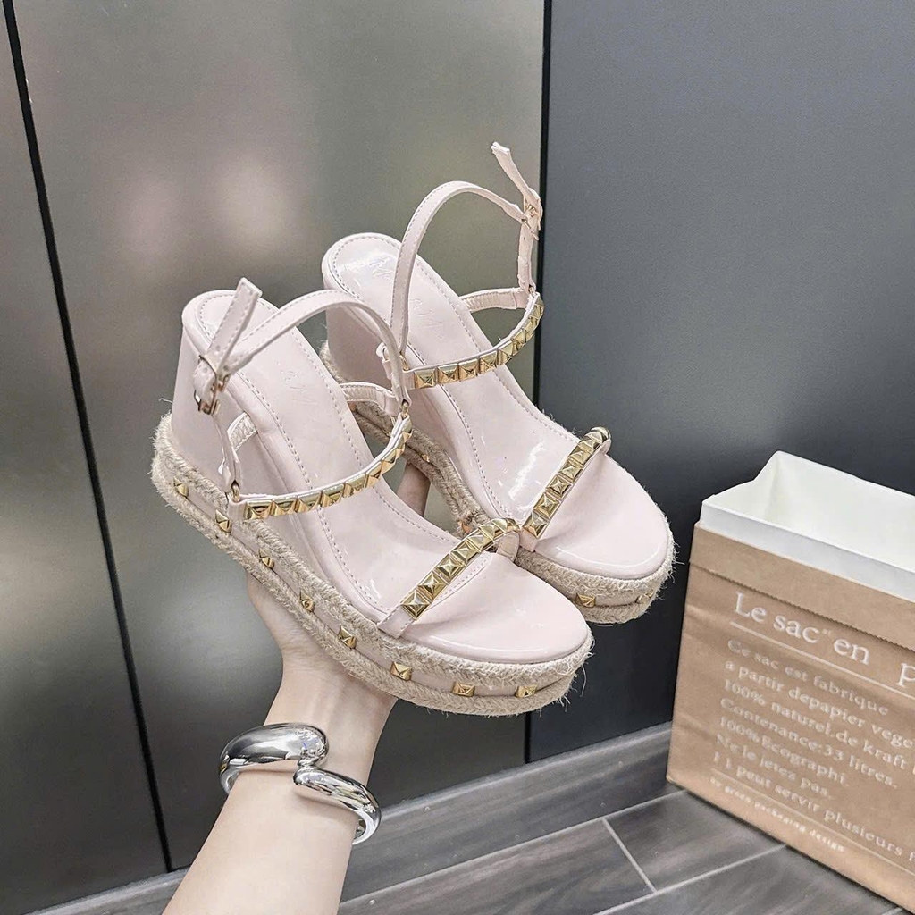 BMC23 Sandal xuồng nữ Bonita Shoes đế xuồng viền cối si bóng đính đá nút cao 9 cm - NS12