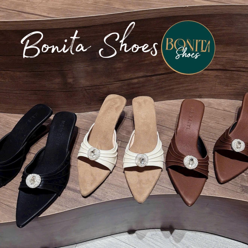 G288 Guốc cao gót nữ Bonita Shoes mũi nhọn quai ngang nhúm đính đá gót pháp sang trọng - NS12