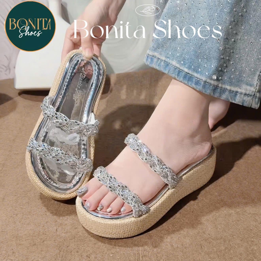 BM355 Dép xuồng nữ đế CỐI Bonita Shoes 2 quai đá bính cao 5cm - NS1