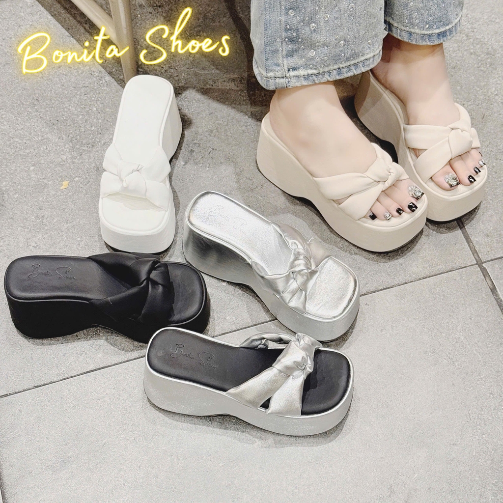 BM286 Dép xuồng bánh mì nữ Bonita Shoes quai nơ gút thắt lót đệm êm cao 10 cm - NS2