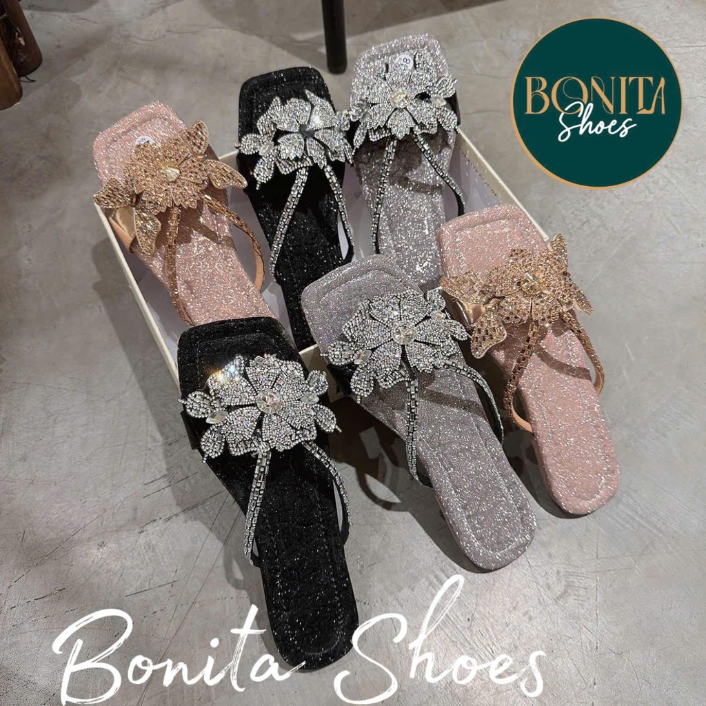 NS58 Dép đế bệt mũi vuông quai kẹp đá mảnh BÔNG phối - Bonita Shoes D28