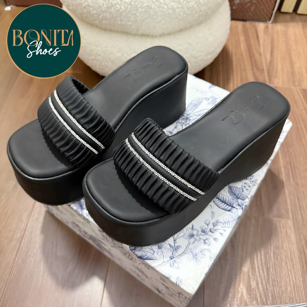 N2 Dép xuồng bánh mì nữ quai ngang xếp ly 2 quai đường đá nhúm đế 7 cm - BM252