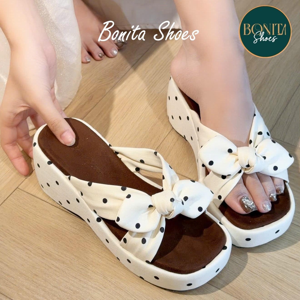 D517 Dép xuồng nữ Bonita Shoes CHẤM BI quai ngang Nơ thắt cao 5cm - NS12