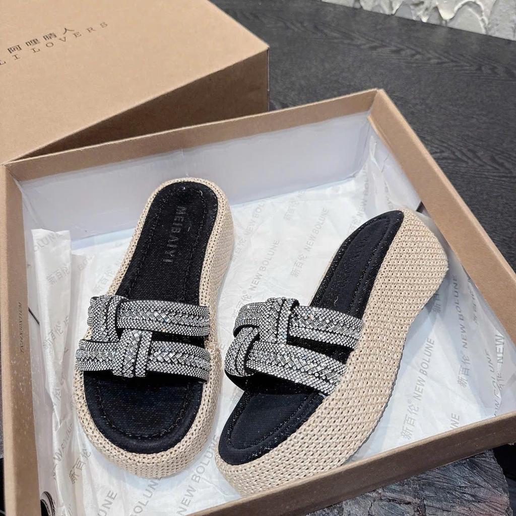 DX921 Dép xuồng nữ đế cối Bonita Shoes quai ngang đá đan lót da cao 5 cm - NS1