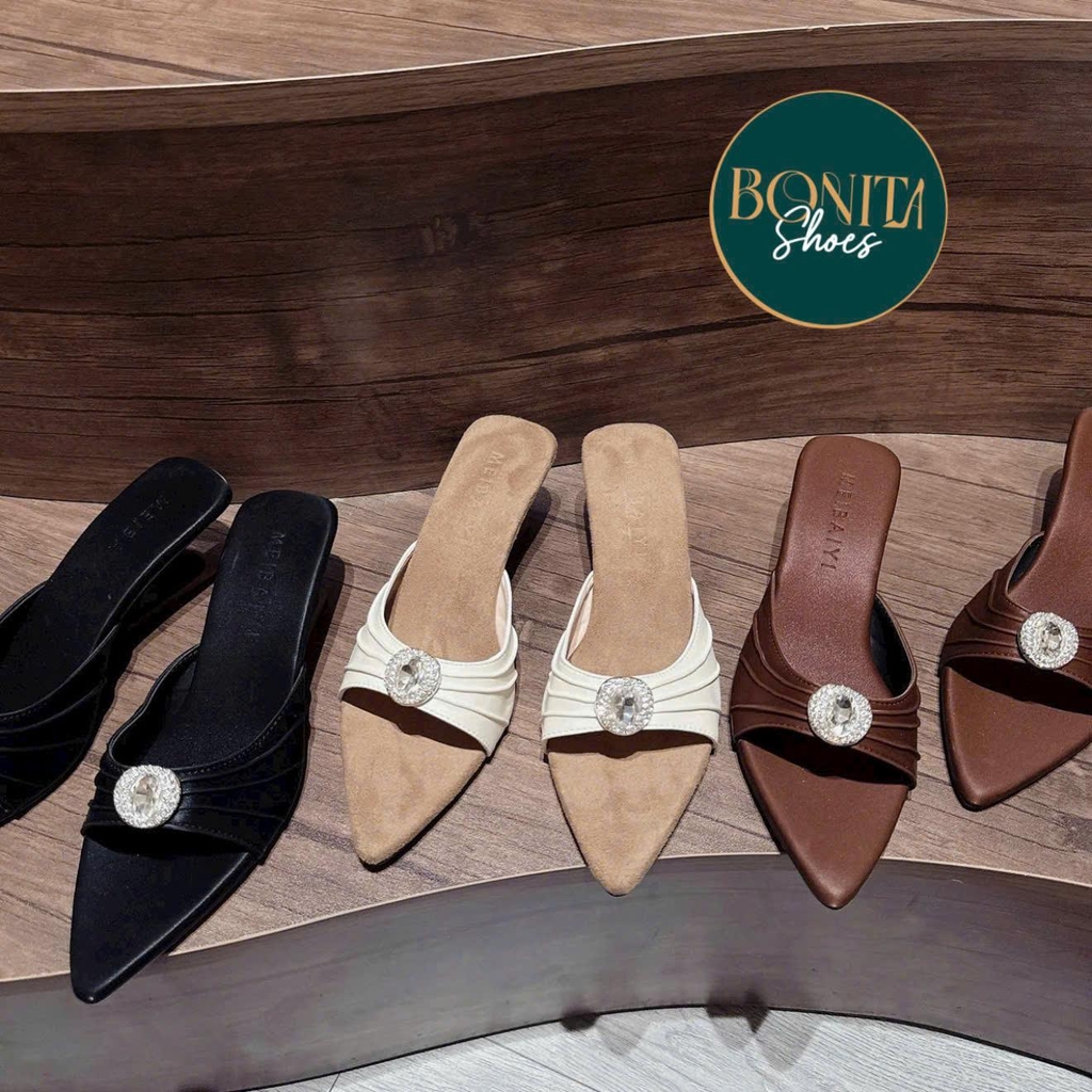 G288 Guốc cao gót nữ Bonita Shoes mũi nhọn quai ngang nhúm đính đá gót pháp sang trọng - NS12