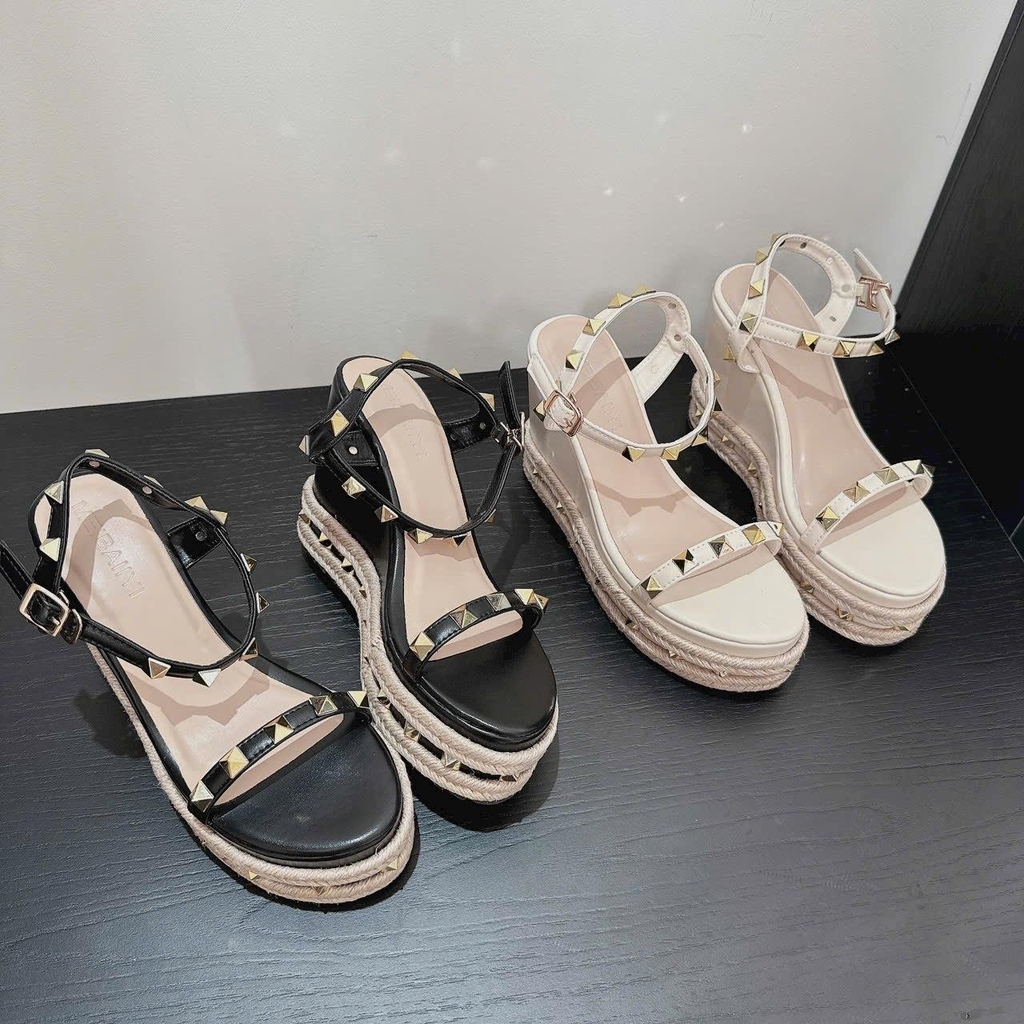 BMC15 SANDAL xuồng nữ Bonita Shoes da bóng đế viền dây cối quai đính hột đinh vàng 7 cm - NS12