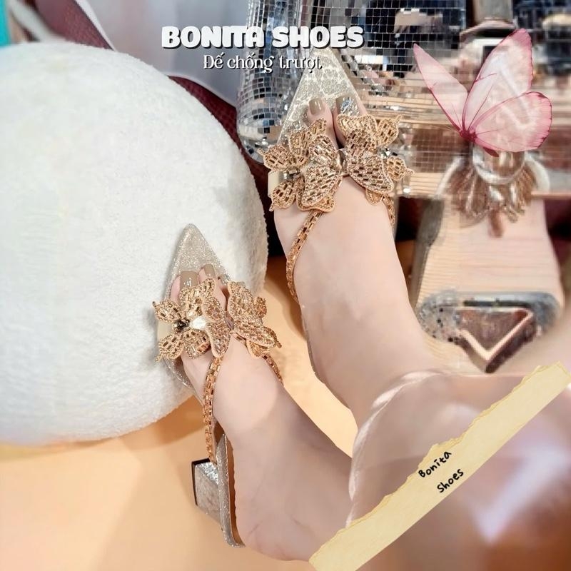 G701 Guốc cao gót nữ Bonita Shoes quai ngang đính đá B bông cao 5 phân - NS58