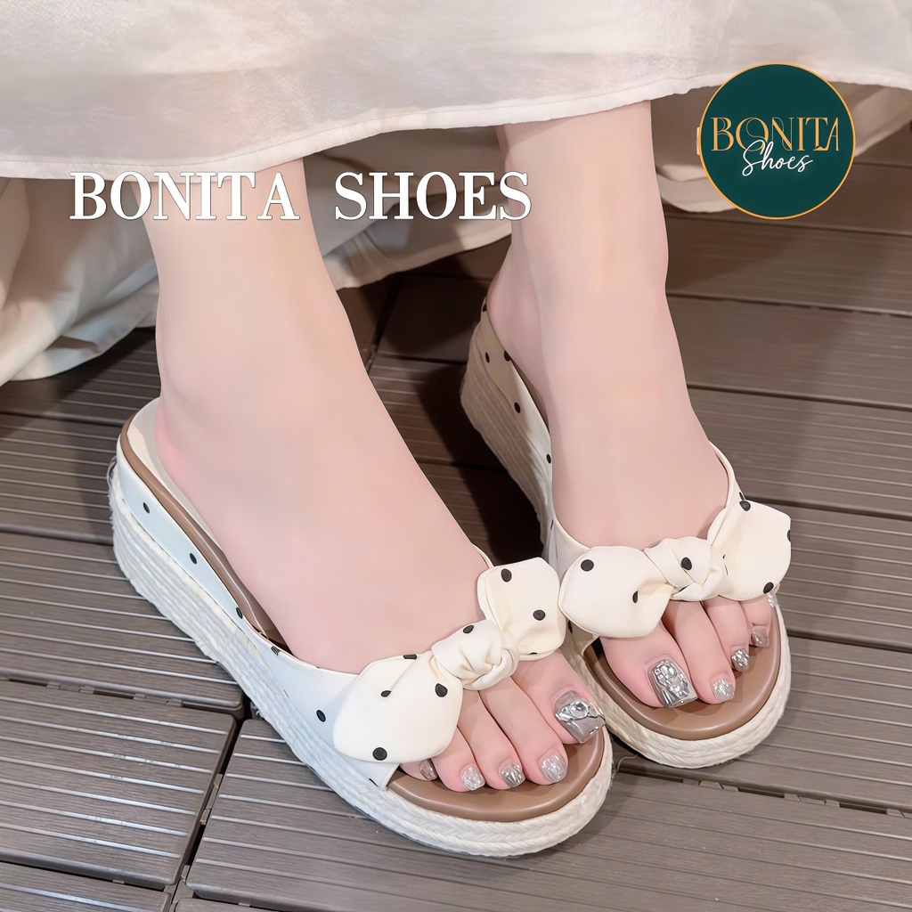 D526 Dép xuồng nữ đế cối Bonita Shoes mũi tròn CHẤM BI quai ngang Nơ thắt cao 5cm C - NS1