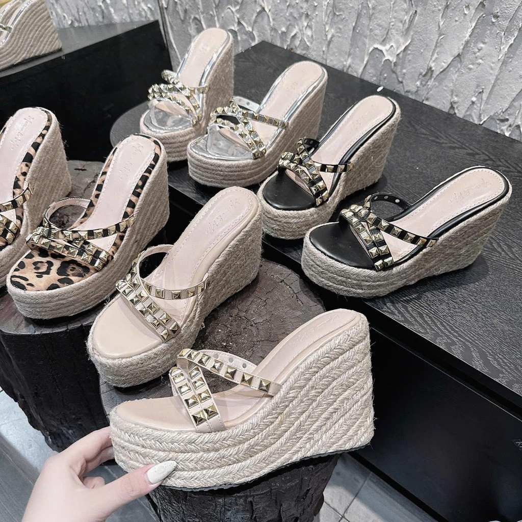 DX005 Dép xuồng nữ đế cối Bonita Shoes quai chéo dây đinh đá đế cối cao 12cm - NS12
