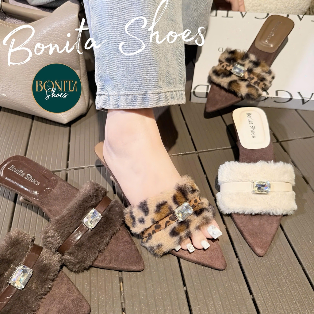 G800 Cao gót nữ Bonita Shoes mũi nhọn quai lông HỘT ĐÁ - NS12
