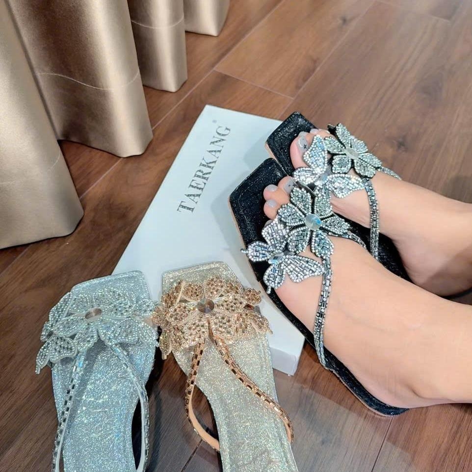 NS58 Dép đế bệt mũi vuông quai kẹp đá mảnh BÔNG phối - Bonita Shoes D28