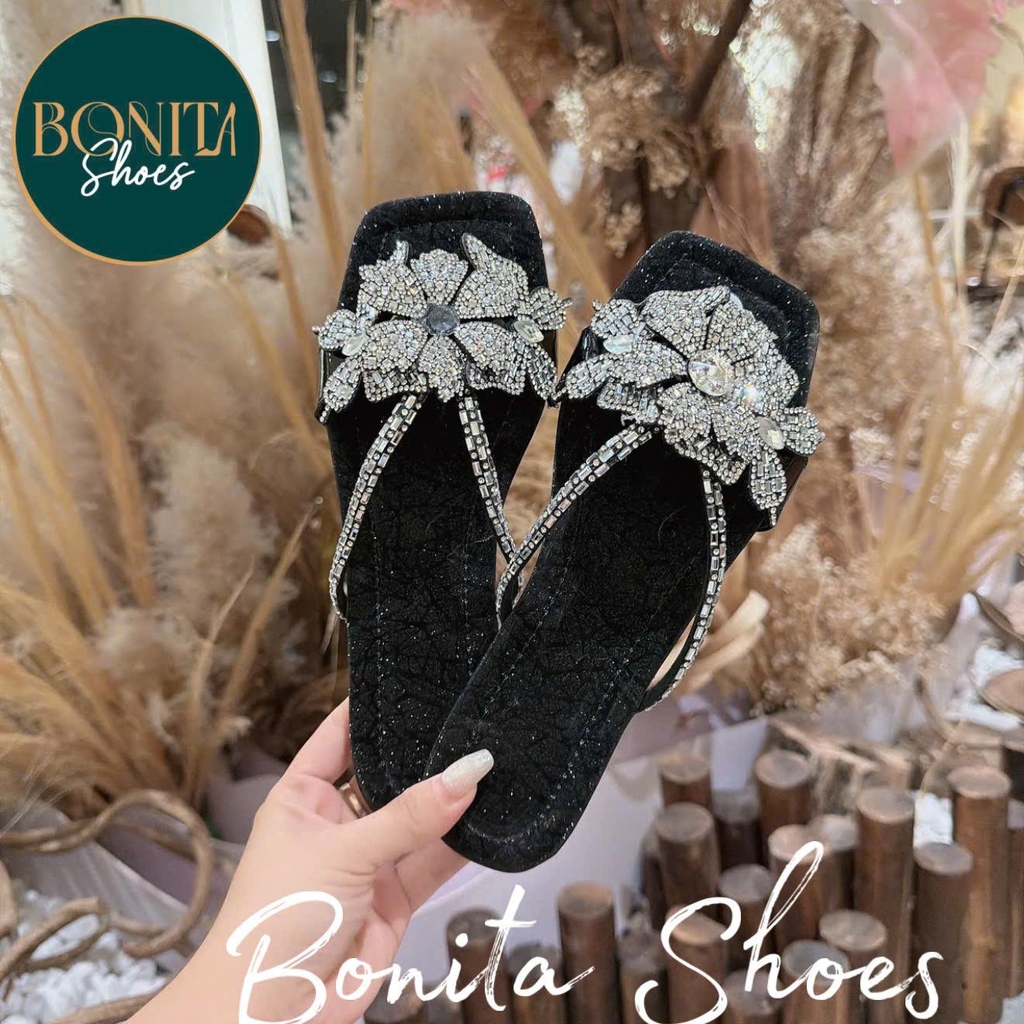 NS58 Dép đế bệt mũi vuông quai kẹp đá mảnh BÔNG phối - Bonita Shoes D28