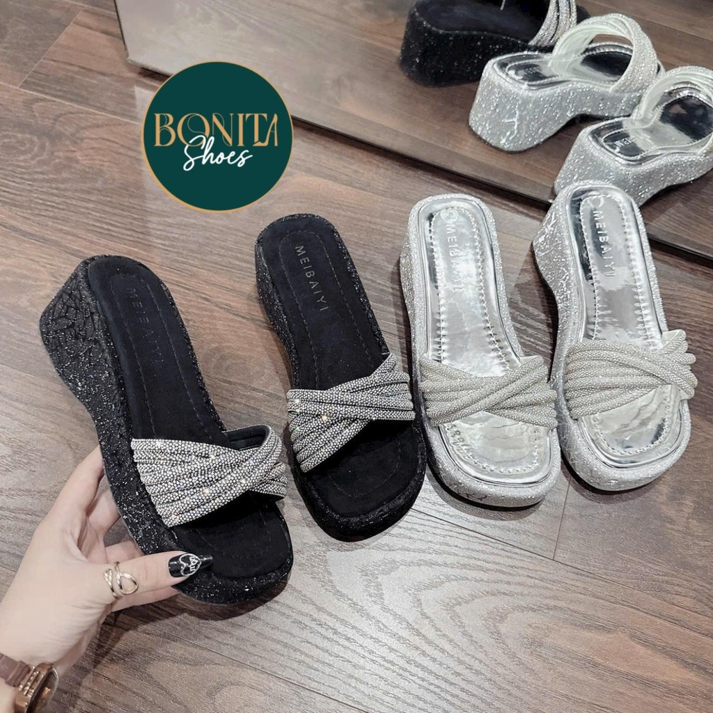 BM247 Dép xuồng nữ Bonita Shoes đế bling quai đá quấn chéo đính đá liti 6 cm - NS12