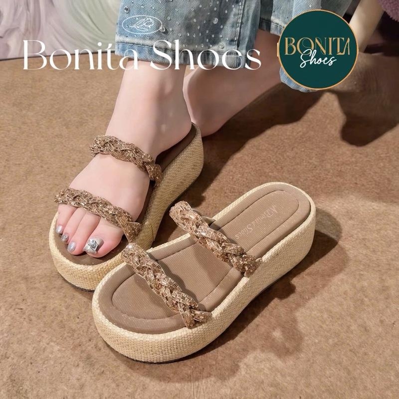 BM355 Dép xuồng nữ đế CỐI Bonita Shoes 2 quai đá bính cao 5cm - NS1