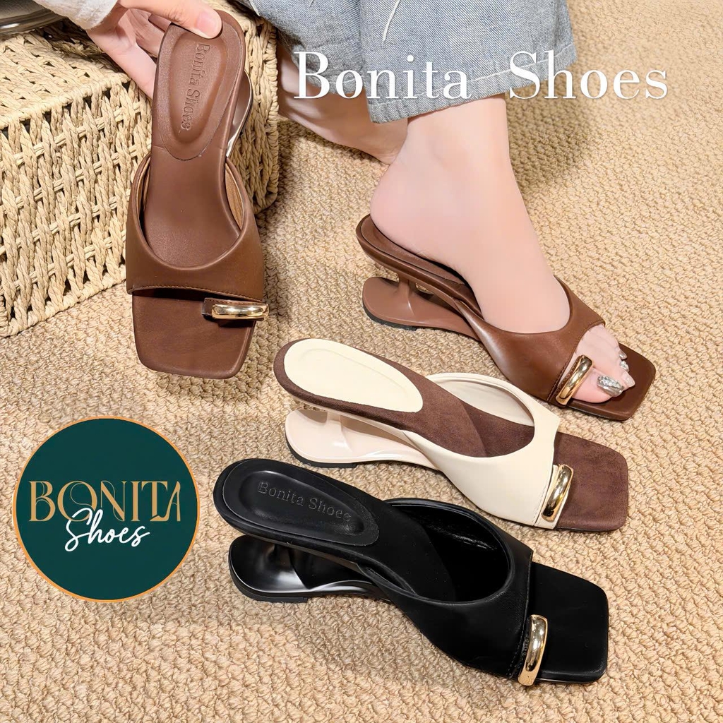 G176 Cao gót nữ Bonita Shoes quai ngang mũi vuông xỏ ngón khóa vàng GÓT MỚI cao 6cm - NS1