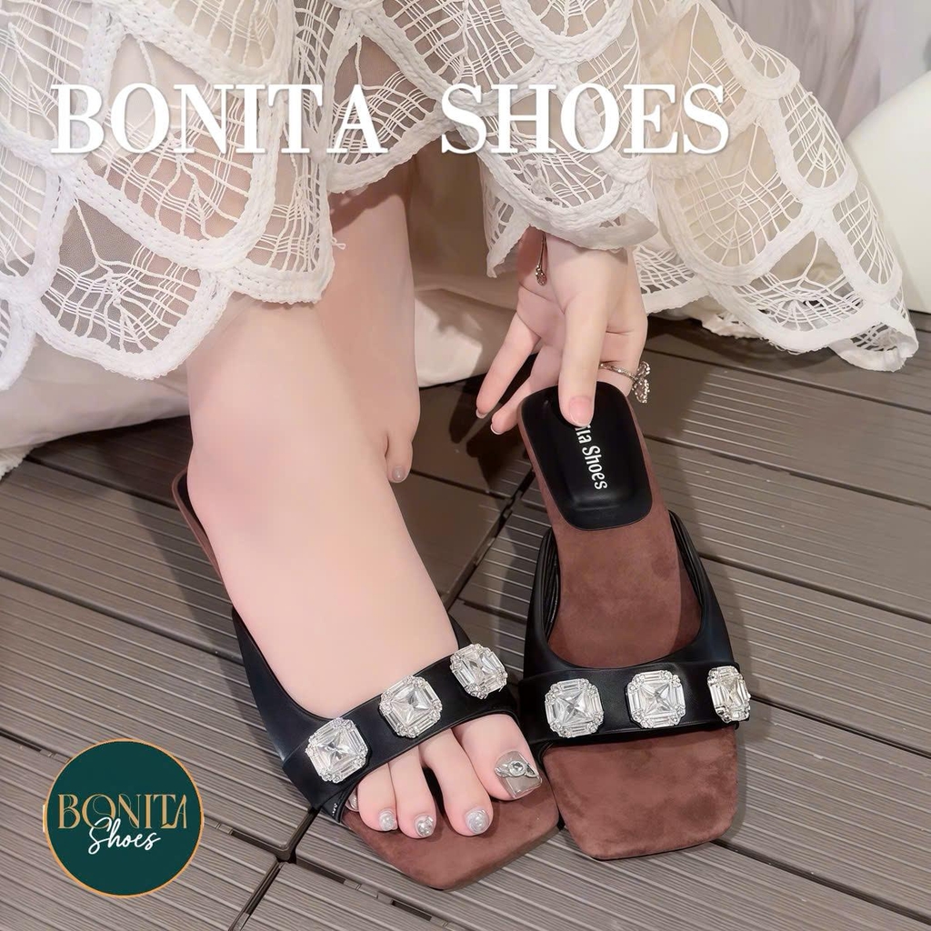 G212 Cao gót nữ Bonita Shoes quai ngang đính 3 hột đá sáng gót pháp cao 6cm - NS1