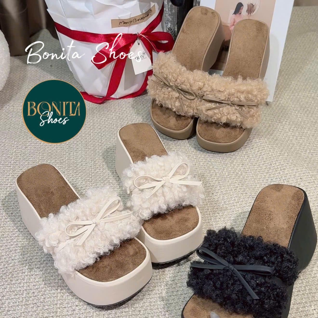 DX192 Dép xuồng nữ Bonita Shoes quai bản ngang lông xù xoắn đính nơ siêu xinh cao 7cm - NS12