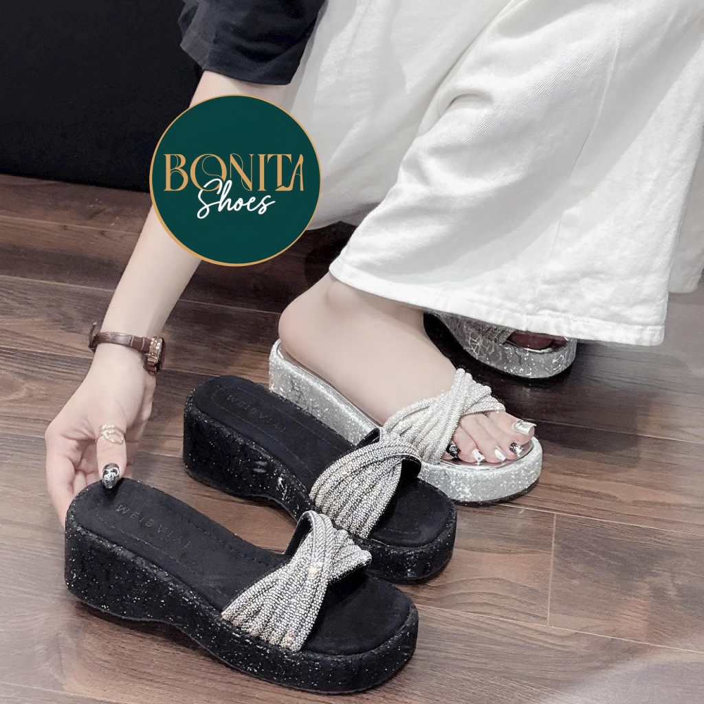 BM247 Dép xuồng nữ Bonita Shoes đế bling quai đá quấn chéo đính đá liti 6 cm - NS12