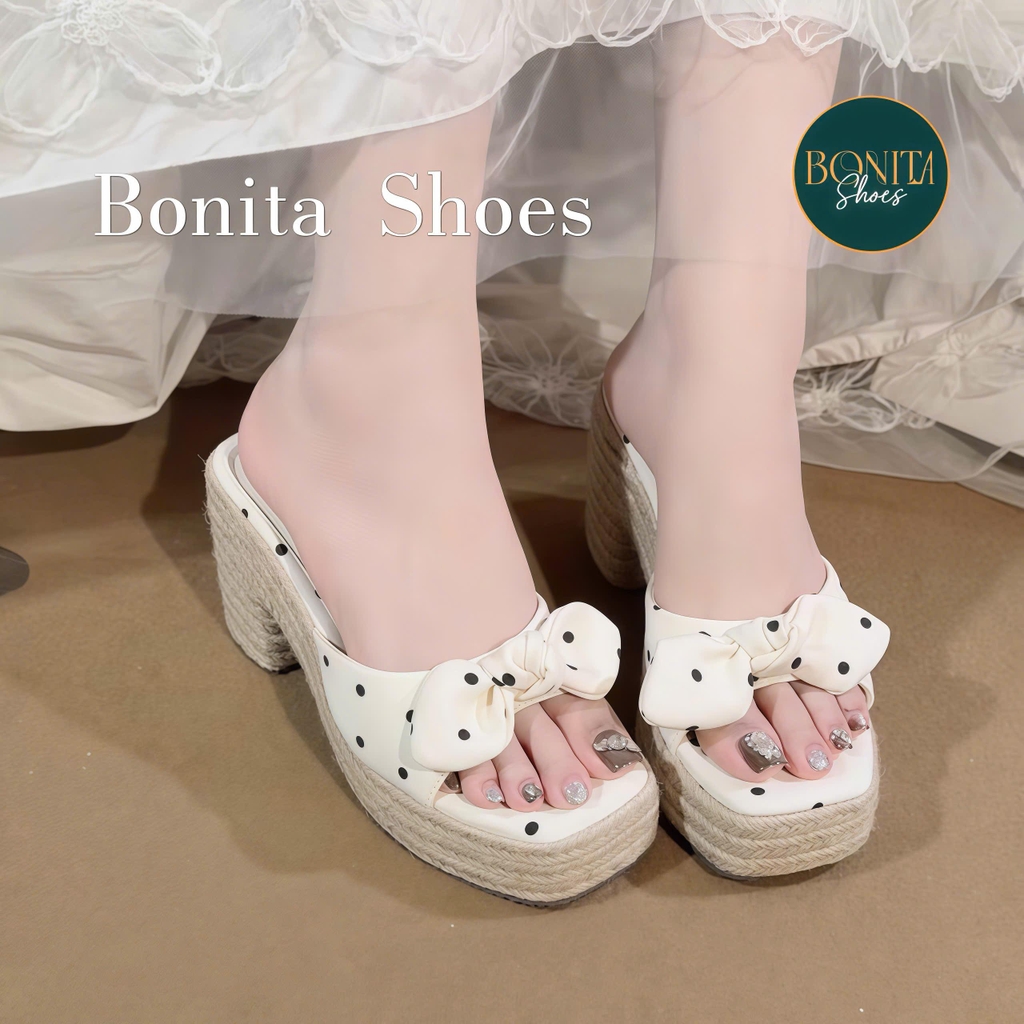D225 Dép xuồng nữ đế cối Bonita Shoes eo L quai ngang Nơ thắt CHẤM BI cao 8cm - NS1
