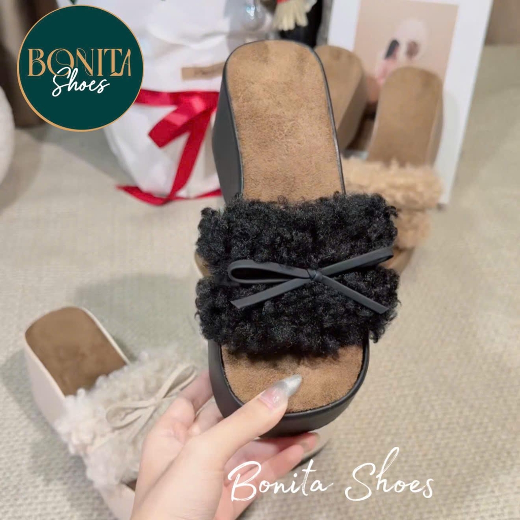 DX192 Dép xuồng nữ Bonita Shoes quai bản ngang lông xù xoắn đính nơ siêu xinh cao 7cm - NS12