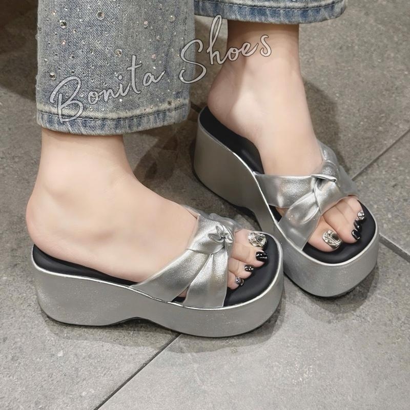 BM286 Dép xuồng bánh mì nữ Bonita Shoes quai nơ gút thắt lót đệm êm cao 10 cm - NS2