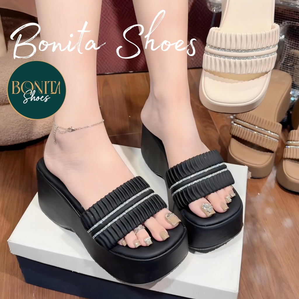 N2 Dép xuồng bánh mì nữ quai ngang xếp ly 2 quai đường đá nhúm đế 7 cm - BM252