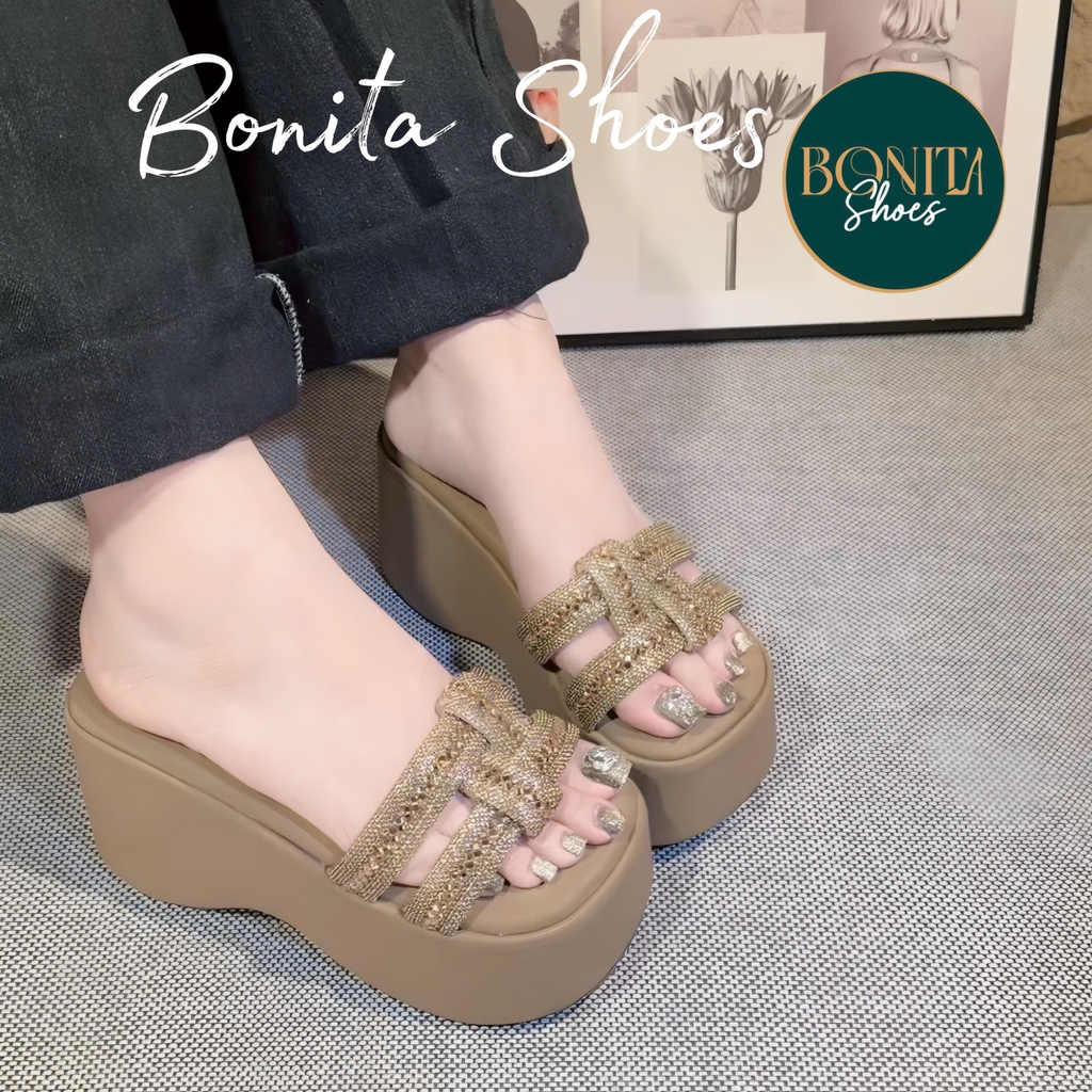 BM288 Dép xuồng bánh mì nữ Bonita Shoes 2 quai ĐÁ ĐAN da mềm xinh cao 7 phân - NS2