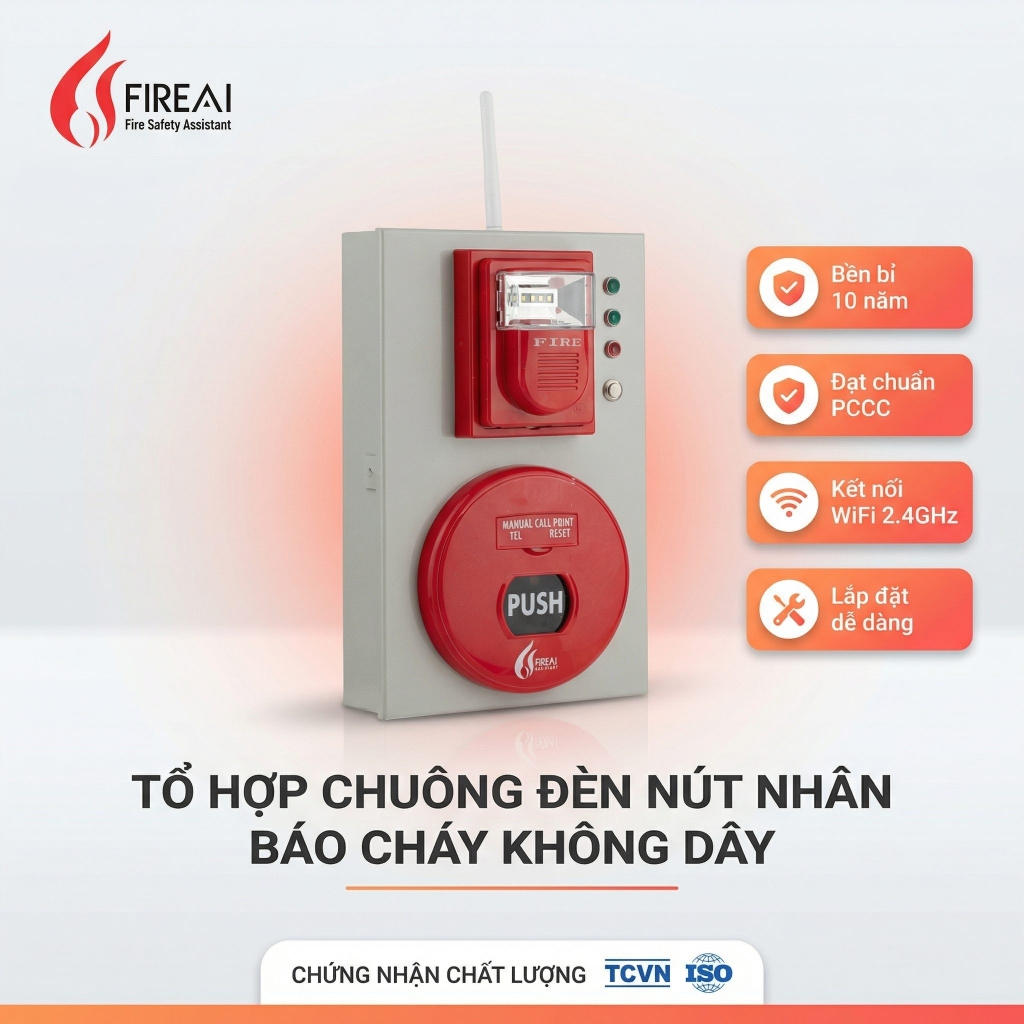 Tổ Hợp Chuông Đèn Nút Nhấn Báo Cháy Không Dây Địa Chỉ FireAI WAB-01