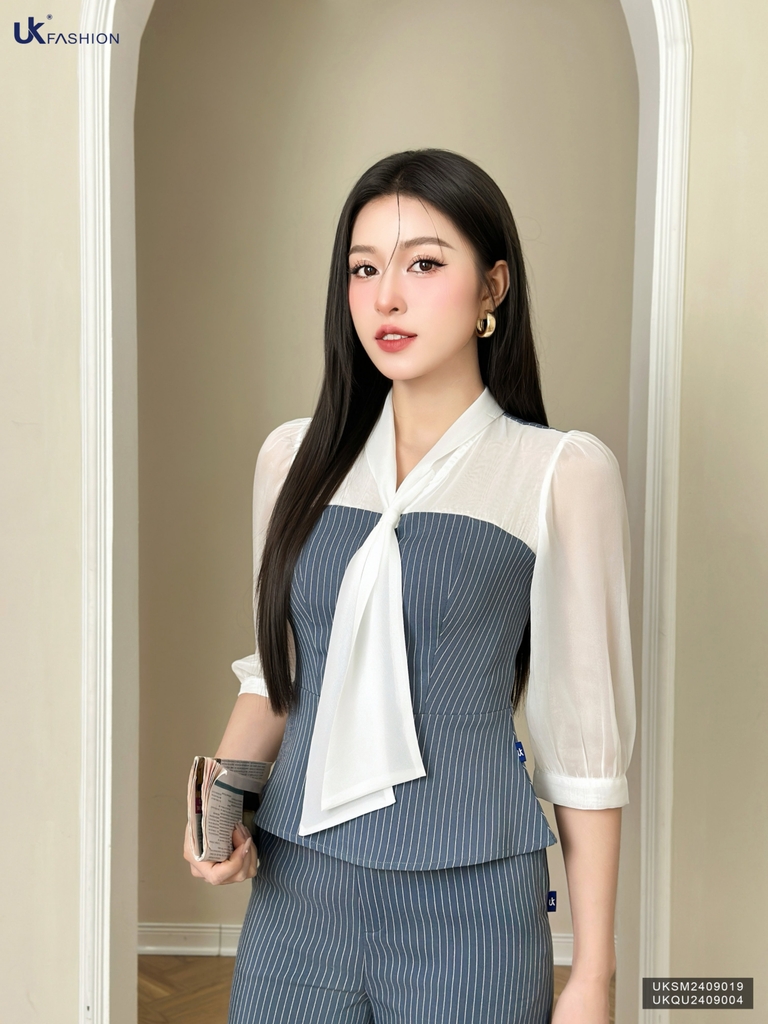 Sơ mi kẻ phối tơ nơ vạt xinh xắn, phong cách UKSM2409019