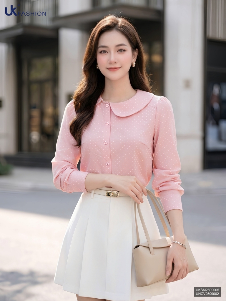 Sơ mi cổ sen vạt lệch chấm bi UKSM2609005 ( Áo rời không kèm CV/QU/PK )