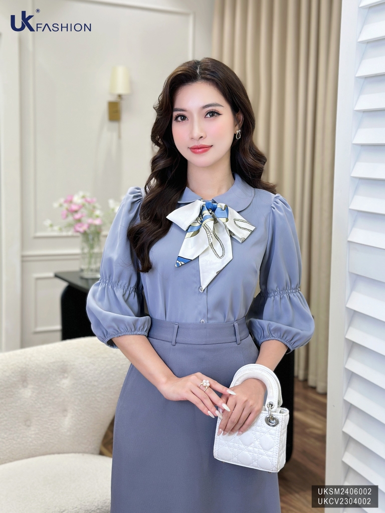 Áo Sơ Mi Cổ Sen Chun Tay UK Fashion Công Sở Nữ Thanh Lịch, Nữ Tính UKSM2406002