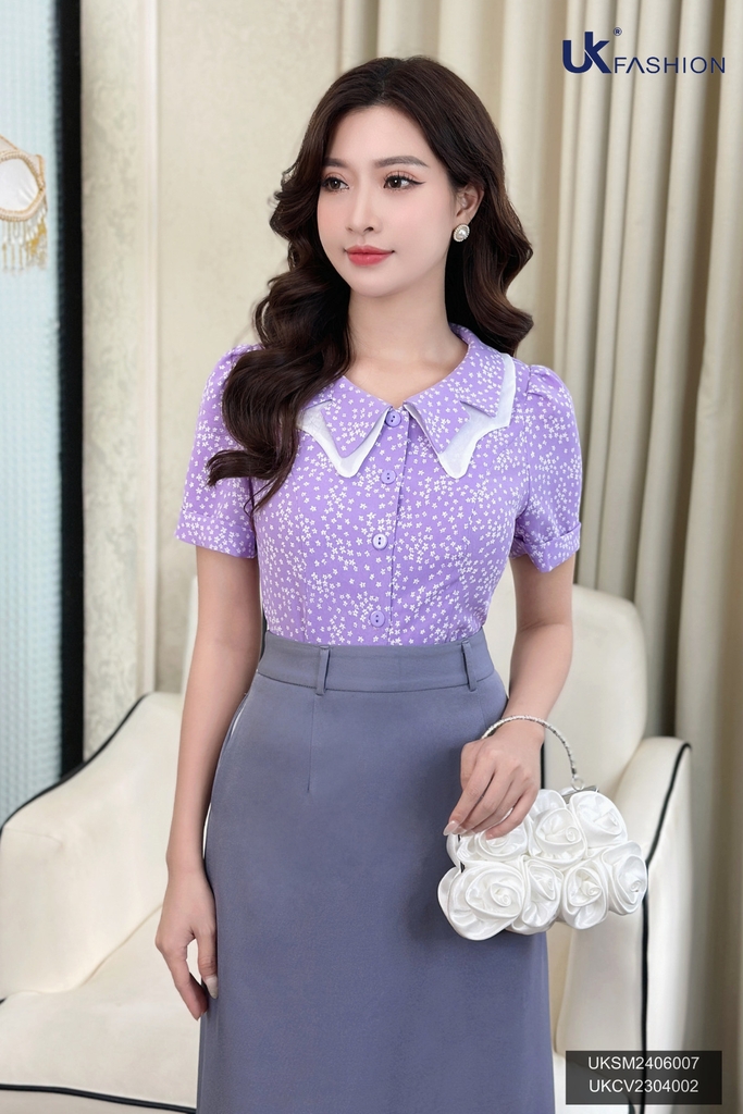 Áo Sơ Mi UK Fashion Công Sở Thiết Kế Cổ Kép, Họa Tiết Hoa Nhẹ Nhàng, Thanh Lịch, Nữ Tính UKSM2406007