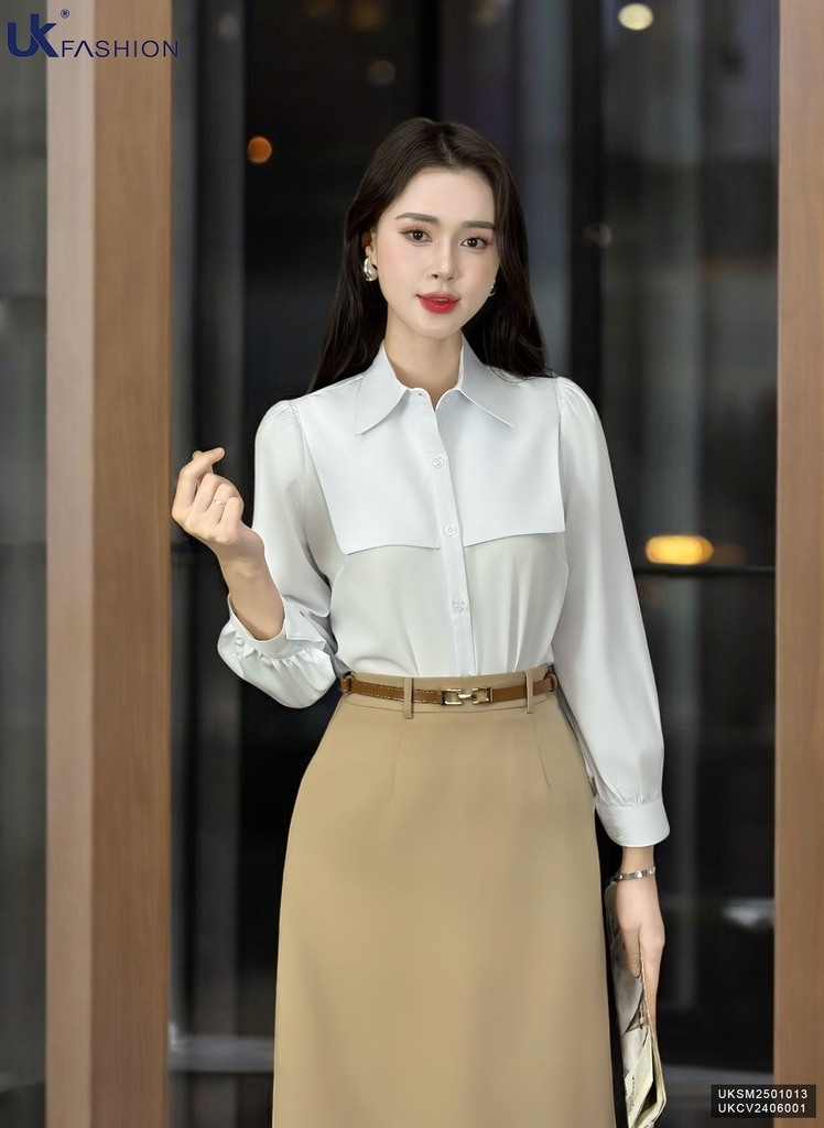 Áo sơ mi cổ đức dài tay đô ngực xinh xắn, kiểu cách UKSM2501013 ( Ko kèm CV/QU/PK )
