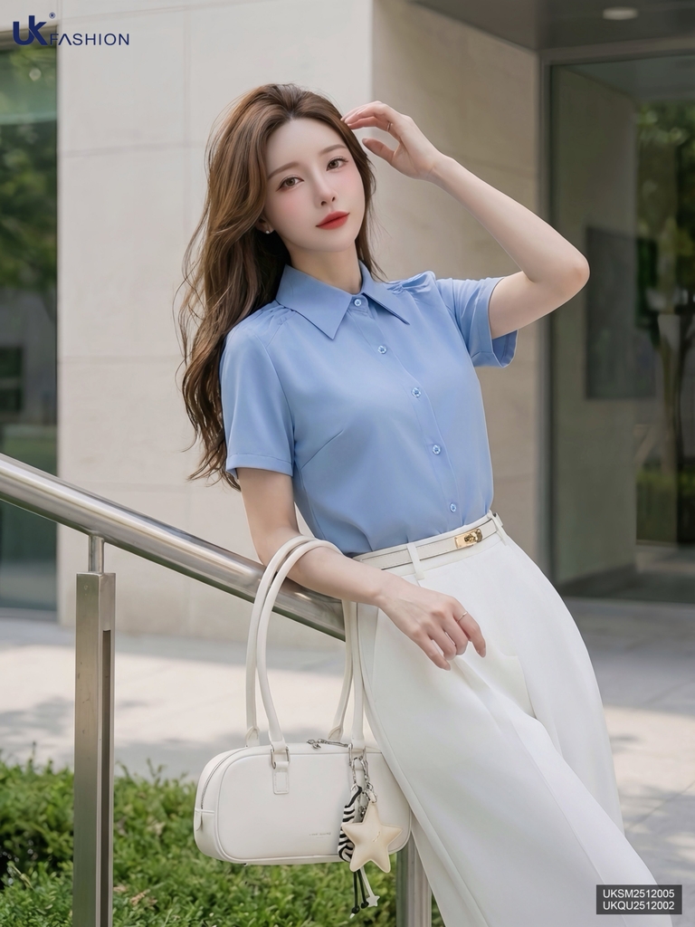 Sơ mi cổ đức cộc tay xếp vai cơ bản nhẹ nhàng khác biệt UKSM2512005