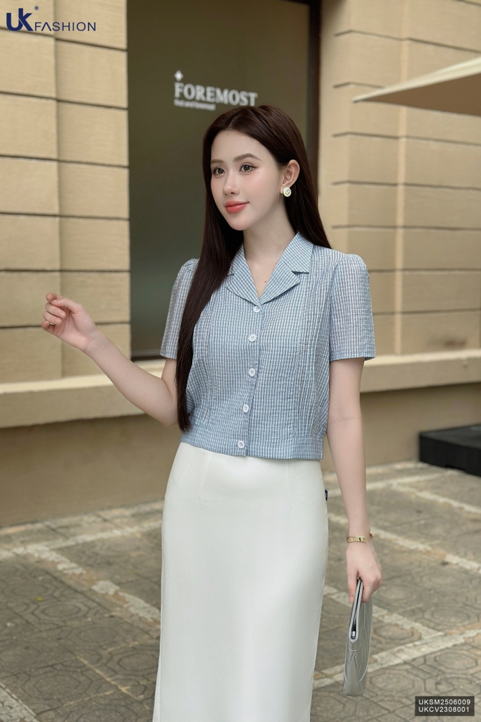 Sơ mi mí kẻ cổ ve mới lạ UKSM2506009