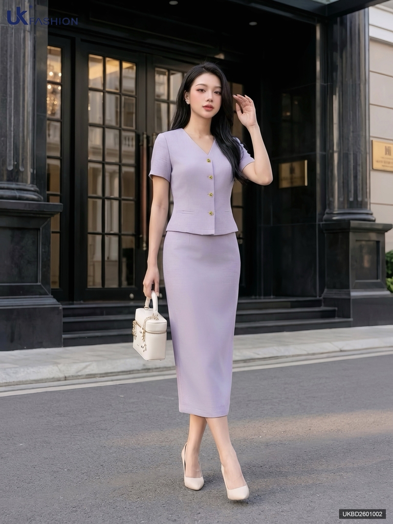 Set cổ tim + chân váy a dài thanh lịch, dễ mặc UKBD2601002