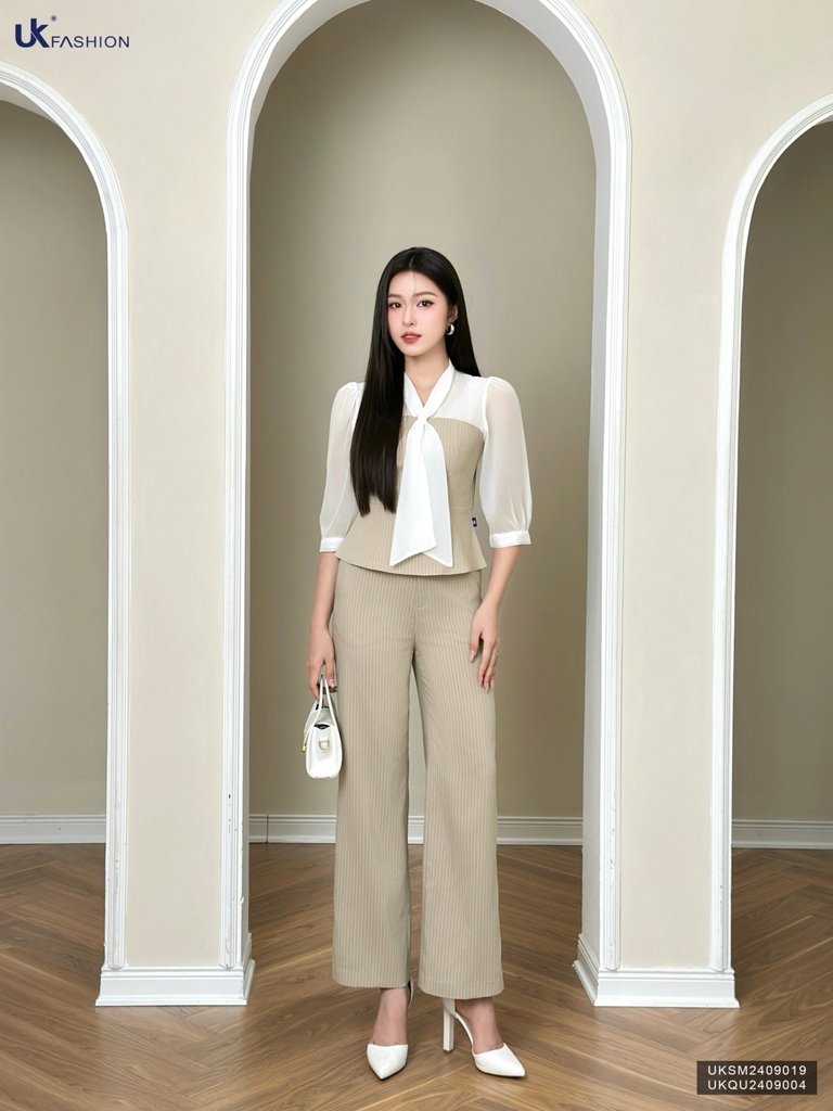 Sơ mi kẻ phối tơ nơ vạt xinh xắn, phong cách UKSM2409019