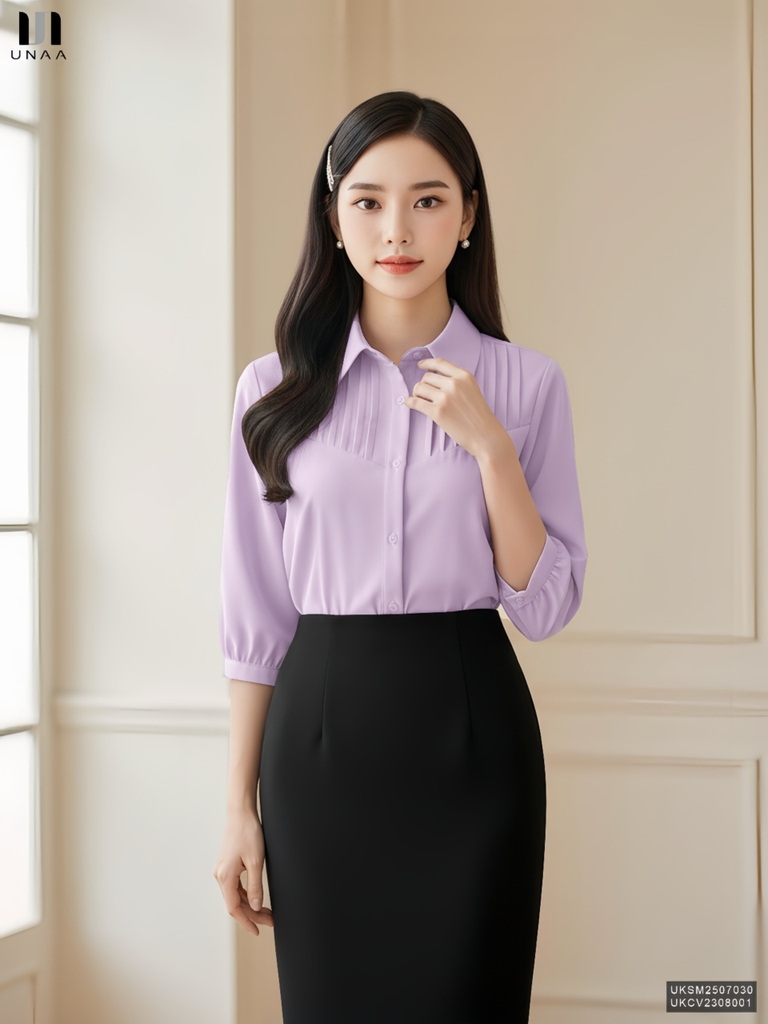 Sơ mi cổ đức xếp ngực tay lỡ mới, dễ mặc, thanh lịch UKSM2507030