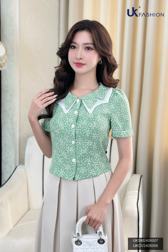 Áo Sơ Mi UK Fashion Công Sở Thiết Kế Cổ Kép, Họa Tiết Hoa Nhẹ Nhàng, Thanh Lịch, Nữ Tính UKSM2406007