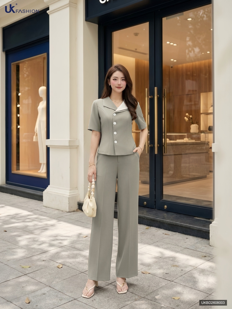 Bộ đồ phối cổ kép đơn + quần ống suông NKBD2608003 ( Bao gồm cả áo + quần, không kèm các PK khác )