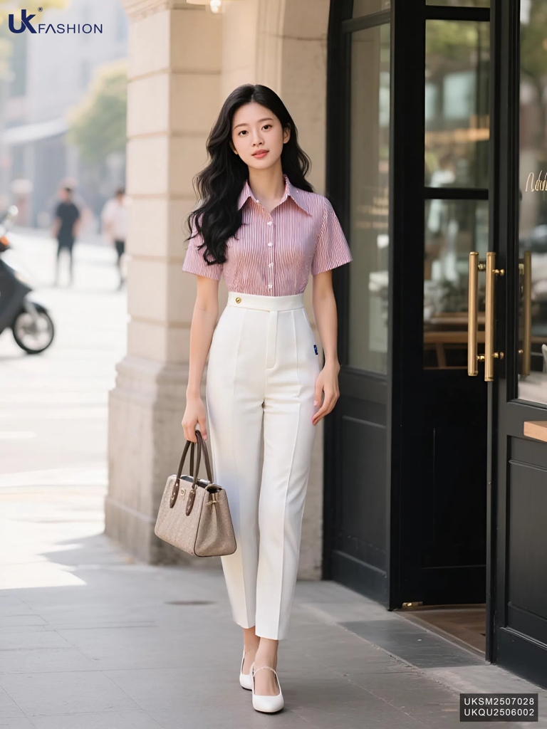Sơ mi kẻ ôm vừa cộc tay UKSM2507028