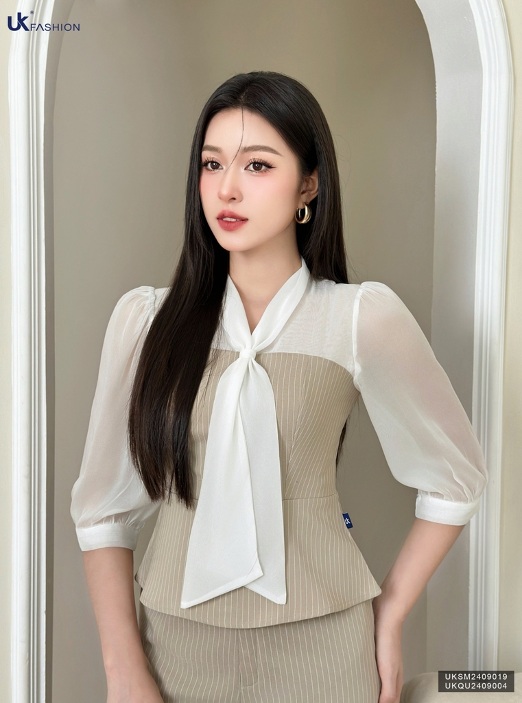 Sơ mi kẻ phối tơ nơ vạt xinh xắn, phong cách UKSM2409019