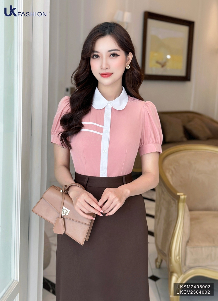 Áo Sơ Mi Cổ Sen Diễu Ngang Ngực UK Fashion Công Sở Nữ Thanh Lịch Vải Mềm Mịn UKSM2405003