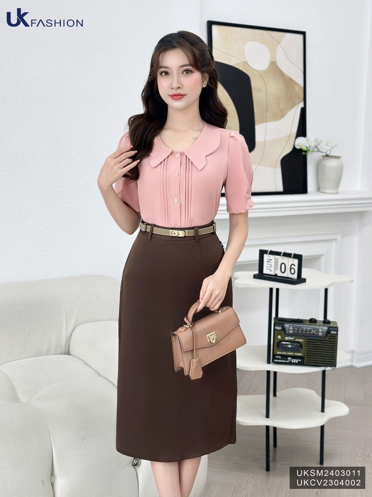 Áo Sơ Mi Bấu Mí Cổ Cách Điệu UK Fashion Công Sở Nữ Thanh Lịch Vải Mềm Mịn UKSM2403011