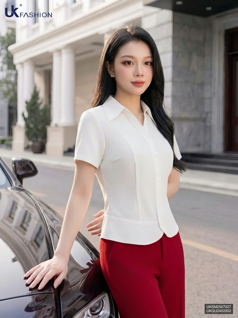 Sơ mi cổ V lá bo gấu trơn UKSM2507027