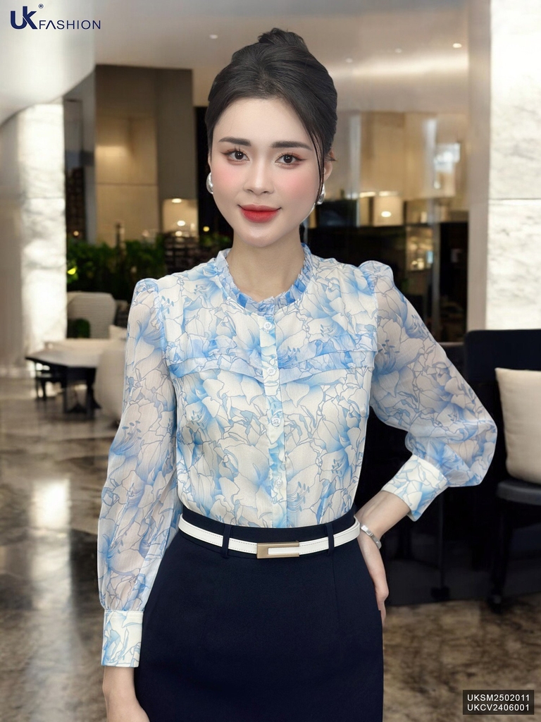 Sơ mi hoa bèo cổ cúc nẹp, kiểu dáng mới, mềm mịn UKSM2502011